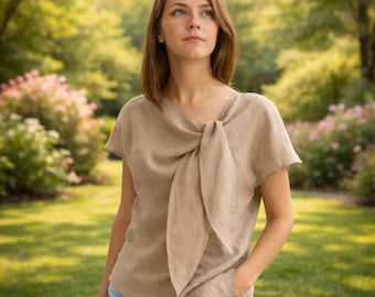 Cotton Linen Tie Neck Blouse, Elegant Women Top, Summer Casual Shirt, Lightweight Minimal Blouse