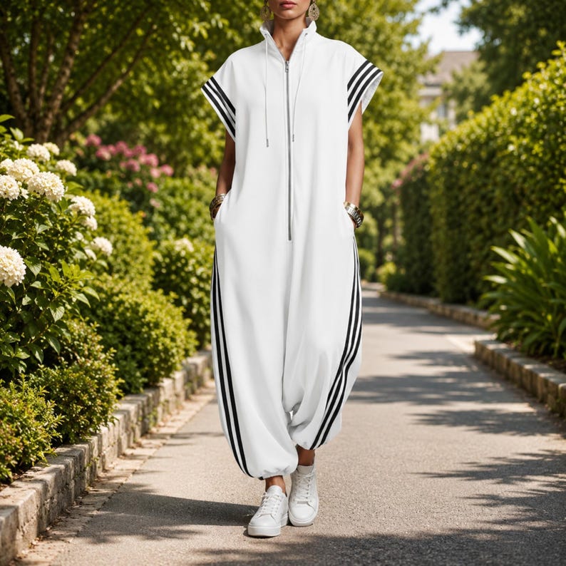 Puede incluir: Mono blanco con rayas negras en los laterales y mangas. Cuenta con cierre de cremallera y capucha con cord&oacute;n. El modelo lleva zapatillas blancas. El conjunto es casual y deportivo.