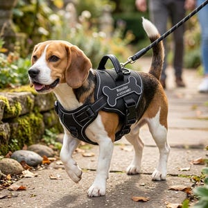 Puede incluir: Un perro Beagle con un arnés negro con ribetes blancos y una etiqueta en forma de hueso que dice "Rooster" y un número de teléfono. El perro está con correa y camina por un sendero pavimentado. El perro tiene pelaje marrón, negro y blanco.