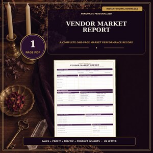Op de afbeelding: Een digitaal sjabloon voor een marktverslag voor verkopers in een PDF-formaat van één pagina. Het document bevat secties voor het vastleggen van live-evenementen, klantverkeer, verkoop- en winstoverzicht, prestatieberekeningen en klantinzichten.