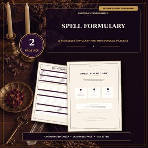 May include: A digital spell formulary document featuring a coordinated cover and one reusable page in US letter size. The design includes dark purple and cream sections with text reading Pandora's Personalized Spell Formulary, 2 Page PDF, and Instant Digital Download.