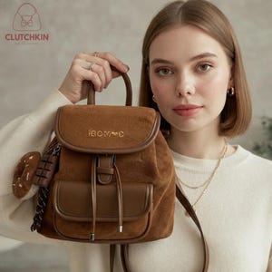 Brauner Mini-Rucksack für Damen, lässiger Tagesrucksack, Kordelzugverschluss