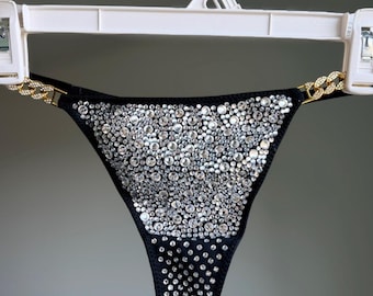 Black thong with white rhinestones,Rave,exotic dancewear