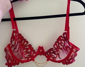 Hand-Placed Red Crystal Lingerie Set, 4 Piece Mesh Rhinestone Set with Leg Garters, Pole Dance Wear, Festival Rave Outfit, Size S