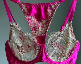 Pink and Beige Lingerie Set with Rhinestones,pole dance,Sparkly Handmade Lingerie,Glamorous Gift for Her,exotic dance,festival.Cup 17 cm B-C