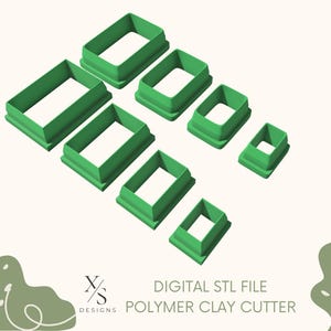 Puede incluir: Un conjunto de siete cortadores rectangulares verdes para arcilla polimérica de varios tamaños dispuestos en grupo. El texto X/S DESIGNS DIGITAL STL FILE POLYMER CLAY CUTTER está impreso en negro en la parte inferior de la imagen.