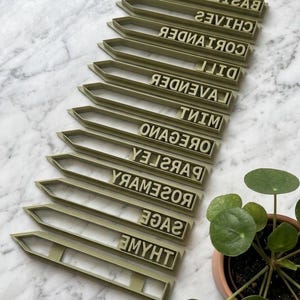 May include: A set of ten olive green plastic garden plant markers with pointed ends. Each marker features embossed text including BASIL, CHIVES, CORIANDER, DILL, LAVENDER, MINT, OREGANO, PARSLEY, ROSEMARY, SAGE, and THYME, arranged in a vertical column.