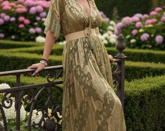 Abito lungo boho verde oliva, abito bohémien con stampa paisley, abito con scollo a V e vita impero, abito da festival, abito estivo cottagecore, abito lungo romantico