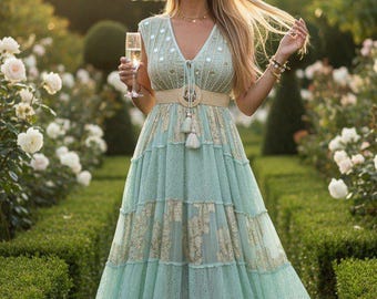 Abito lungo boho blu senza maniche, abito estivo lungo e svolazzante, perfetto per le vacanze al mare, elegante abito lungo bohémien da donna, abito lungo boho.