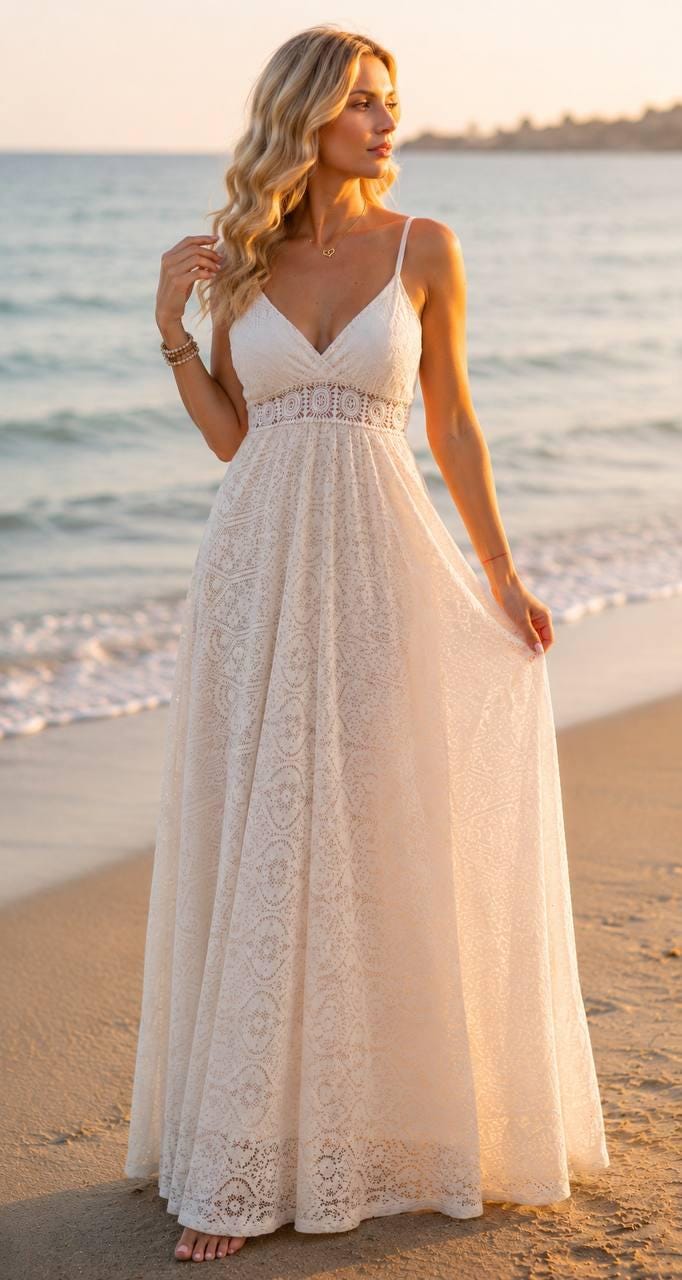 beige lace boho dress Maxi Dress, Beach Dress, Summer Wedding Dress, Bohemian Bridal Dress, Romantic Vacation Journee Women's Danika DRESS over 50 Beach neckline Short sleeves Empire Size:US14/UK18