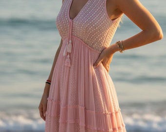 Blush Pink Boho Maxi Dress, Sleeveless Lace Summer Dress, Romantic Beach Dress, Flowy Cottagecore Maxi Dress.
