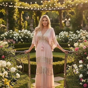 Pu&ograve; includere: Un abito lungo color rosa pallido con ampie maniche a kimono, un profondo scollo a V con coulisse rifinita da due nappe e pannelli orizzontali con intricati ricami metallizzati dorati e dettagli lavorati all'uncinetto.