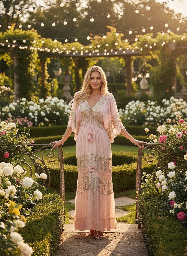 Pu&ograve; includere: Un abito lungo color rosa pallido con ampie maniche a kimono, un profondo scollo a V con coulisse rifinita da due nappe e pannelli orizzontali con intricati ricami metallizzati dorati e dettagli lavorati all'uncinetto.