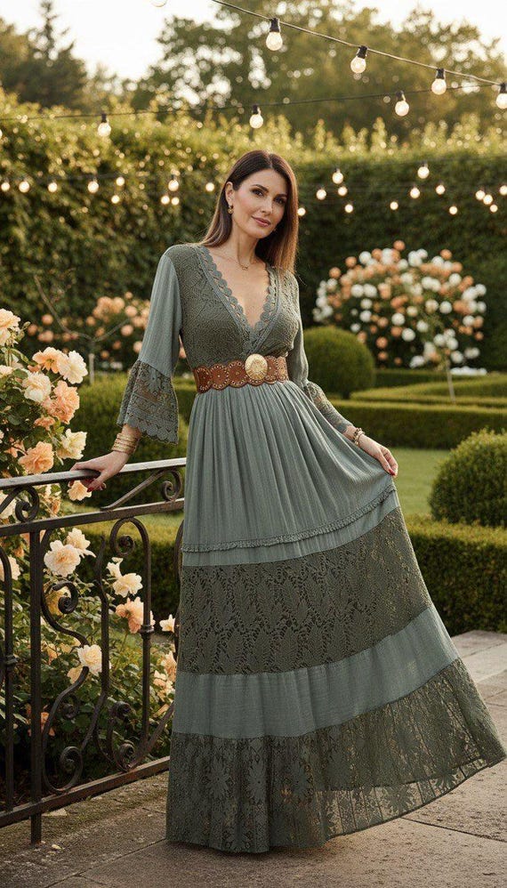 sage green bohemian dress Boho Maxi Dress, Lace Cottagecore Dress, V Neck Long Sleeve Dress, Romantic Gown, Rustic Wedding Guest modest sage green dress