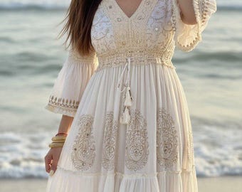 Abito lungo bohémien bianco, abito stile cottagecore prateria, abito svolazzante con scollo a V, abito estivo romantico, abito per addio al nubilato, abito boho, boho chic