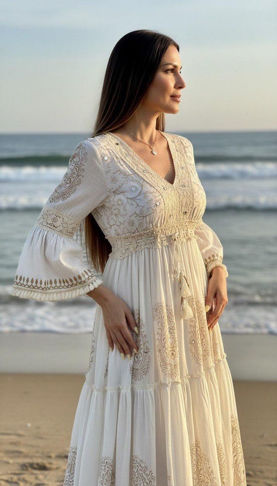 white boho bridal shower dress Bohemian Maxi Dress, Cottagecore Prairie Dress, V Neck Flowy Dress, Romantic Summer Dress, Outfit, Kleid, Boho Chic Color:Sand Featuring a flattering V col_shade_black beige floral Black Tie Affair Maxi