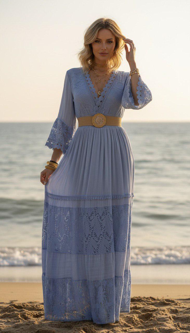 Blue Lace Long Sleeve Dress