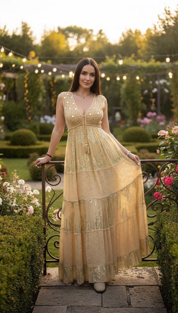 yellow boho maxi dress Sleeveless, Long Flowy Summer Dress, Beach Vacation Outfit, Elegant Bohemian Maxi Dress for Women, Boho Maxi Dress A-line Sweep Train Halter F26Ads Size:Med / Large - Tall Lightweight stretchable fabric drapes