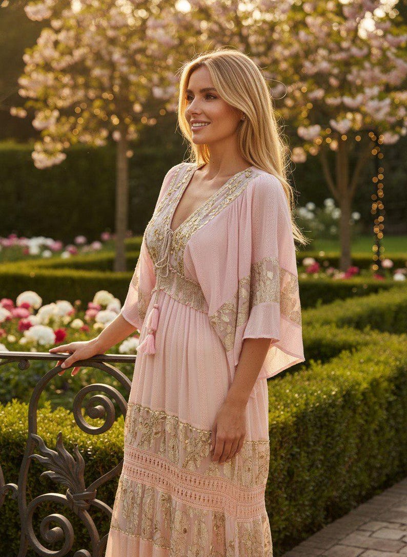 Pu&ograve; includere: Un abito lungo rosa chiaro con un profondo scollo a V con ricami dorati, ampie maniche a kimono e una coulisse con nappe in vita. La gonna presenta sezioni a balze con intricati motivi floreali dorati e dettagli in pizzo.