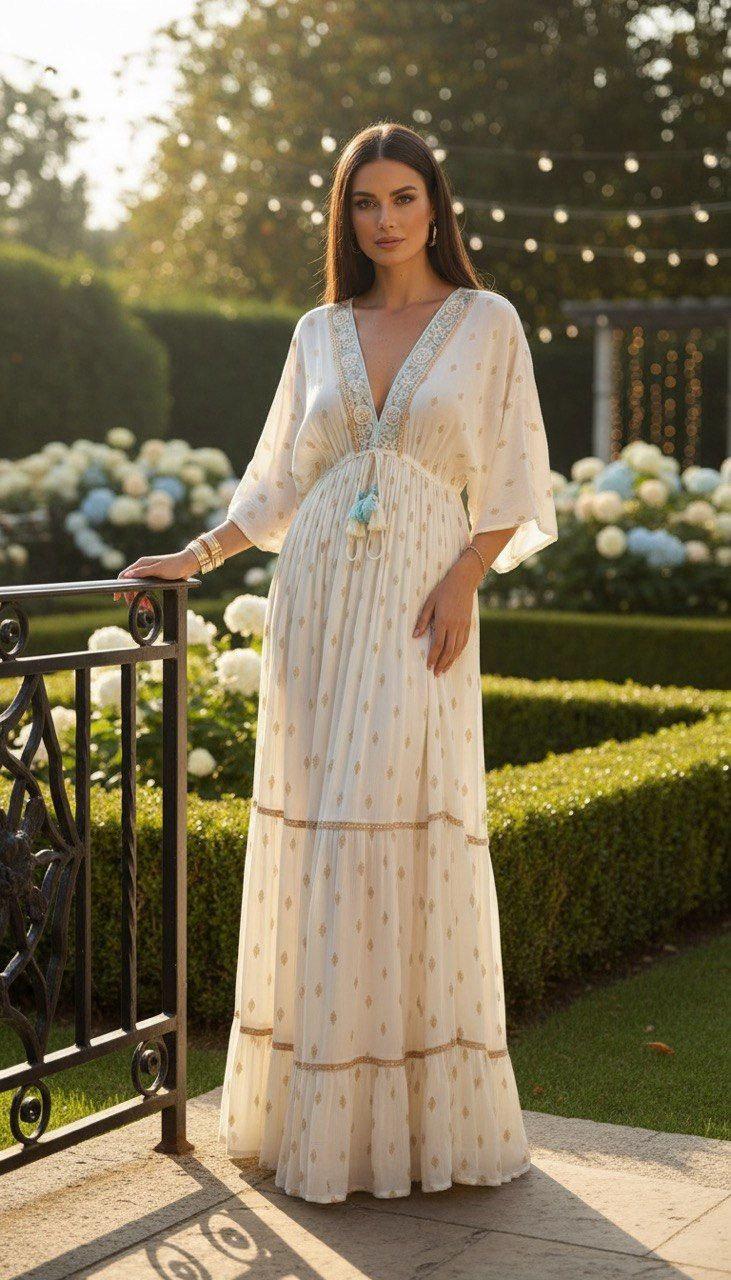 white and gold maxi dress with sleeves Ivory Gold Ball Gown Wedding Dress With Long Sleeves Adela Designs