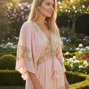Pu&ograve; includere: Un abito rosa chiaro caratterizzato da un profondo scollo a V, ampie maniche a kimono e vita stile impero. Il capo &egrave; decorato con intricati ricami metallici dorati e motivi floreali, rifinito con due nappe rosa pendenti al centro.