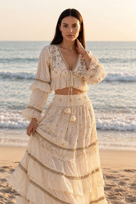 two piece boho maxi dress Set, Bohemian Crop Top and Skirt Set, Embroidered Summer Co-Ord Set, Beach Vacation Outfit, Festival Matching Set Crop top Bohemian Dress Size:Worthy blue folklore dress taylor medium