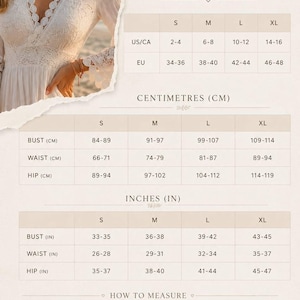 Pu&ograve; includere: Una tabella guida alle taglie intitolata Bohemian Love Style, che presenta tabelle per le taglie US/CA ed EU, misure di busto, vita e fianchi in centimetri e pollici, e una guida visiva su come misurare busto, vita e fianchi.