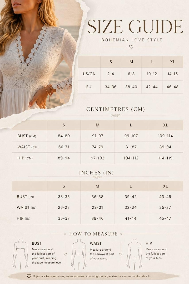 Pu&ograve; includere: Una tabella guida alle taglie intitolata Bohemian Love Style, che presenta tabelle per le taglie US/CA ed EU, misure di busto, vita e fianchi in centimetri e pollici, e una guida visiva su come misurare busto, vita e fianchi.