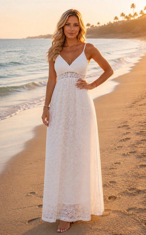 sheer lace beach dress White Maxi Dress, Boho Wedding Guest Dress, Spaghetti Strap Summer Dress, Wedding Dress, Bohemian Bridal Shower Dress, Boho Size:US36 / FR46