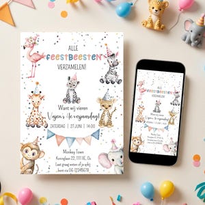Uitnodiging voor een beestachtig gezellige kinderverjaardag: bewerkbare template met schattige baby dieren met feestmuts – formaat A5 en A6