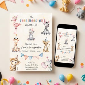 Uitnodiging voor een beestachtig gezellige kinderverjaardag: bewerkbare template met schattige baby dieren met feestmuts – formaat A5 en A6