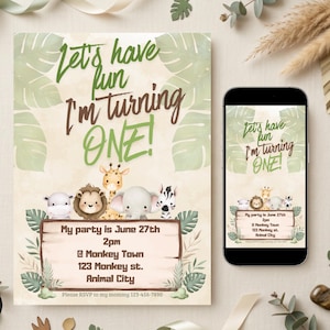 First Birthday Party Invitation: Im Turning Lets Have Fun Jungle Editable Canva Template 5x7”