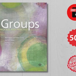 Puede incluir: Un libro de texto titulado Groups Process and Practice Tenth Edition de Marianne Schneider Corey, Gerald Corey y Cindy Corey. La portada presenta un diseño abstracto de acuarela en tonos verdes, morados y amarillos con texto blanco.