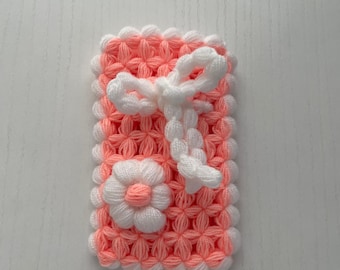 Saquinho de crochê para sabonete líquido, laço de flor branca pêssego, esponja esfoliante para banho