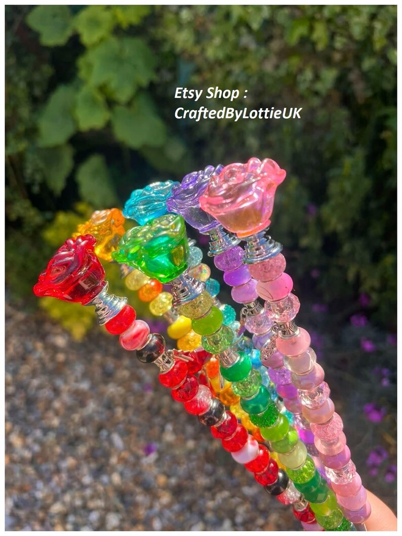 14/11/9 Inch Handmade Rose Topped Beaded Garden Stake – Fairy Garden ...