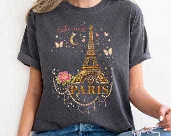 Camisa bordada de Francia y París, camisa con bordado de la Torre Eiffel en colores cómodos, camisa de vacaciones en París