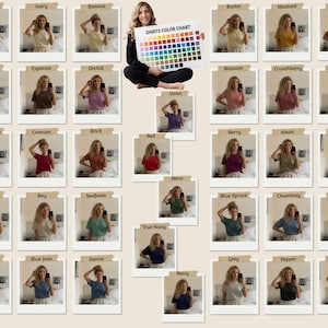 May include: A color chart titled "SHIRTS COLOR CHART" displays a variety of shirt colors, including White, Ivory, Banana, Yam, Espresso, Orchid, Butter, Mustard, Terracotta, Violet, Blossom, Crunchberry, and Heliconia.