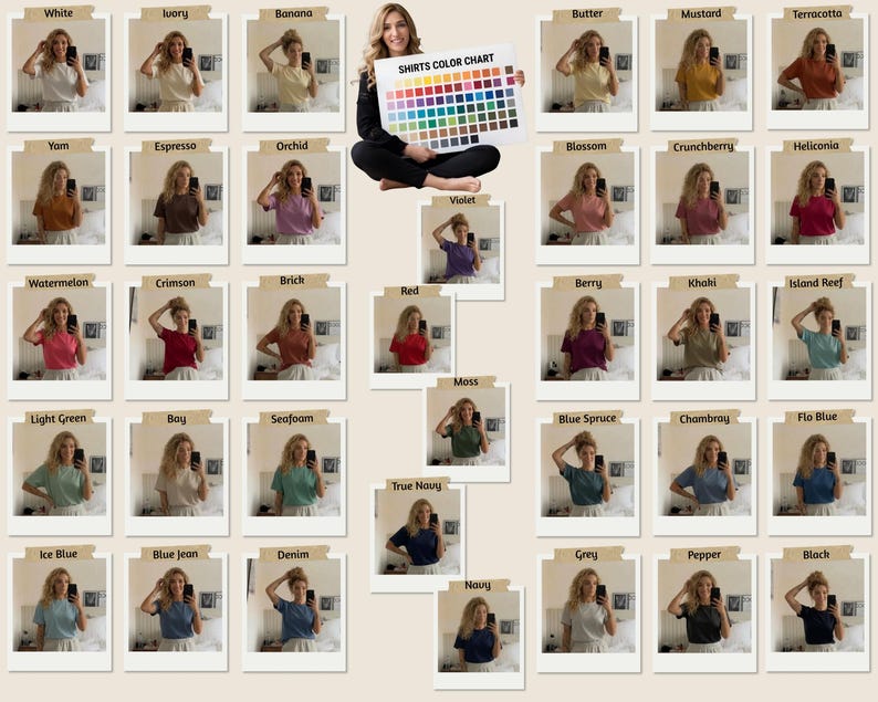 May include: A color chart titled "SHIRTS COLOR CHART" displays a variety of shirt colors, including White, Ivory, Banana, Yam, Espresso, Orchid, Butter, Mustard, Terracotta, Violet, Blossom, Crunchberry, and Heliconia.