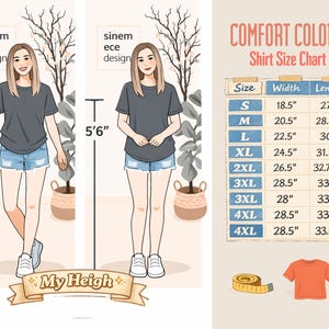 May include: Illustration of a woman wearing a gray t-shirt and denim shorts. The image includes a shirt size chart with measurements in inches, and the text "COMFORT COLORS Shirt Size Chart". The woman's height is indicated as 5'6".
