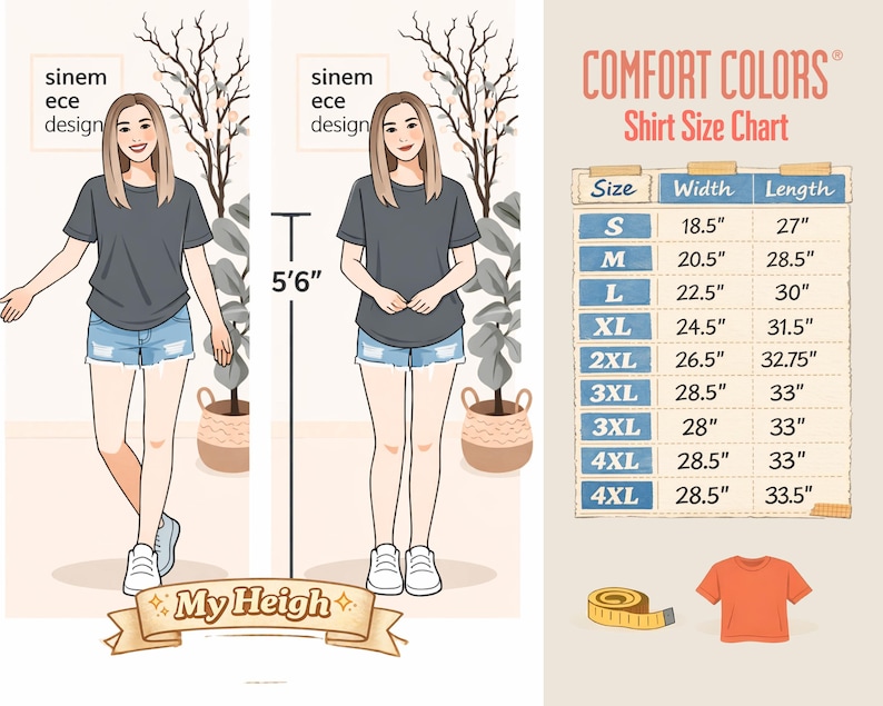May include: Illustration of a woman wearing a gray t-shirt and denim shorts. The image includes a shirt size chart with measurements in inches, and the text "COMFORT COLORS Shirt Size Chart". The woman's height is indicated as 5'6".