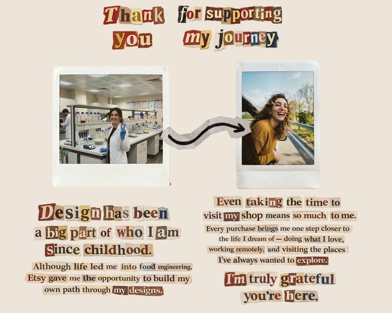 May include: A collage with two polaroid-style photos connected by a black arrow. The top photo shows a woman in a lab, the bottom photo shows a woman smiling. Text in a cut-out style reads "Thank you for supporting my journey" and other sentiments.