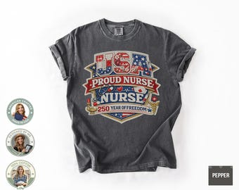 Camiseta "Enfermeras: 250 años sanando a Estados Unidos" con colores reconfortantes, camiseta para enfermeras registradas (RN), camiseta patriótica para enfermeras, regalo para la Semana de la Enfermería de EE. UU. (1776-2026)