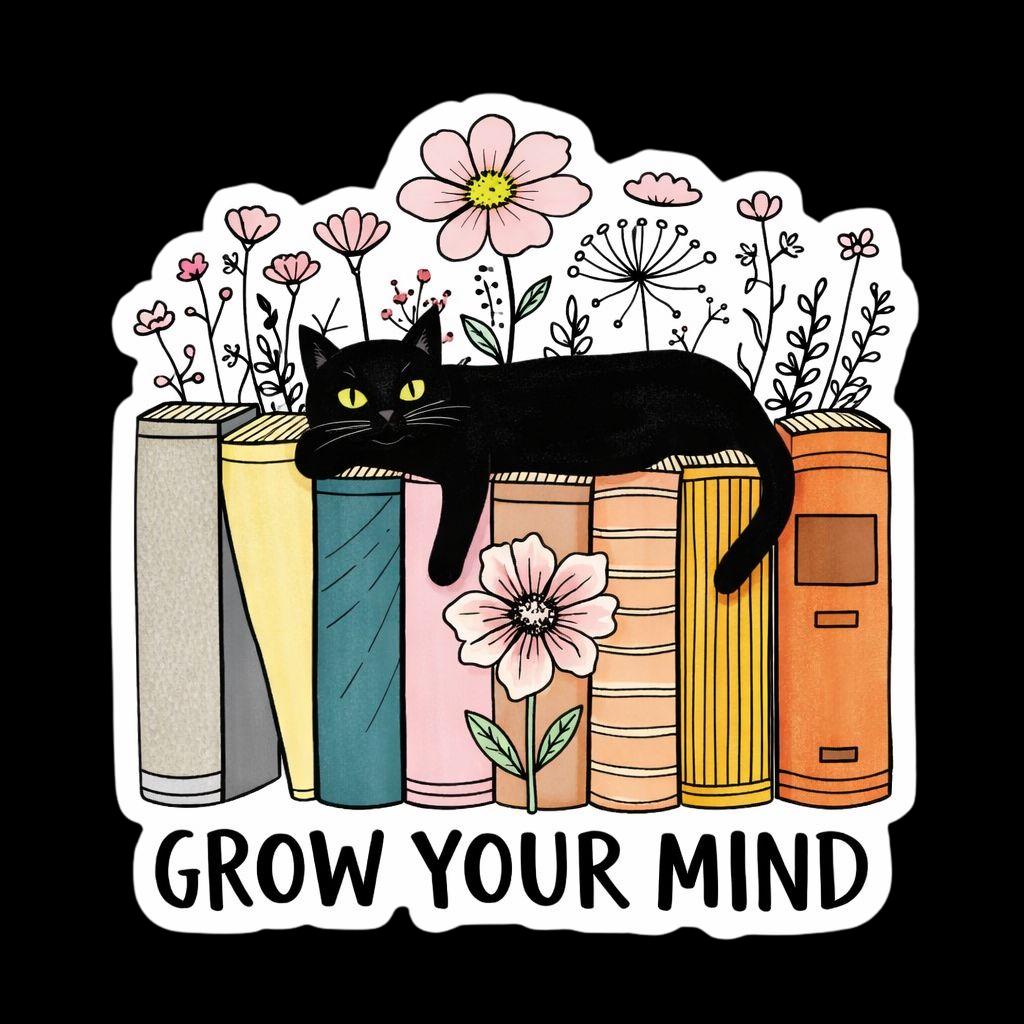 Black Cat Sleeping on Books Sticker, Spring Flowers, Waterproof Vinyl ...