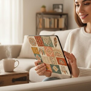 Op de afbeelding: Een tablethoes met een raster van vierkante panelen met diverse illustraties, waaronder veren, dromenvangers, regenbogen en geometrische patronen in tinten oranje, petrol, crème en bruin, die de achterkant van het apparaat bedekken.