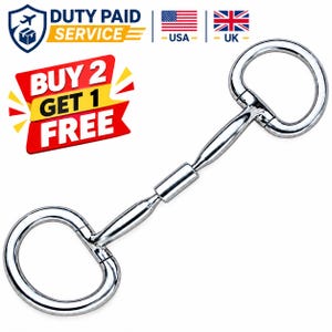 May include: A silver-colored metal horse bit featuring two large circular rings connected by a central jointed bar. The smooth, polished surface reflects light, highlighting the rounded shape of the mouthpiece and the circular cheek pieces.