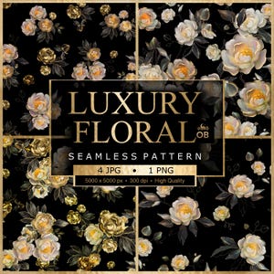 Può includere: Una composizione di arte digitale con sfondo nero ornato da motivi floreali dorati e color crema. Il testo "LUXURY FLORAL SEAMLESS PATTERN" è visualizzato in oro. L'immagine include 4 file JPG e 1 file PNG. La risoluzione è di 5000 x 5000 pixel.