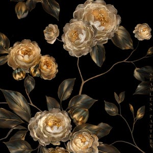 May include: Seamless pattern featuring gold and cream-colored peony flowers and leaves on a black background. The floral design includes detailed petals and foliage, with a touch of metallic sheen. The text "SEAMLESS PATTERN" is visible on the right side.