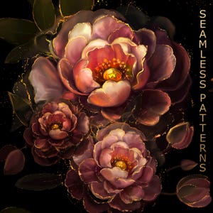 May include: Digital illustration of seamless floral patterns. The image features three large, stylized flowers in shades of burgundy, pink, and peach, with gold accents. The background is black, and the text "SEAMLESS PATTERNS" is vertically aligned on the right.