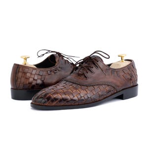 Handmade Woven Leather Oxford Dress Shoes, brown hand-dyed calfskin, lace-up, formal wedding and office, soft leather lining