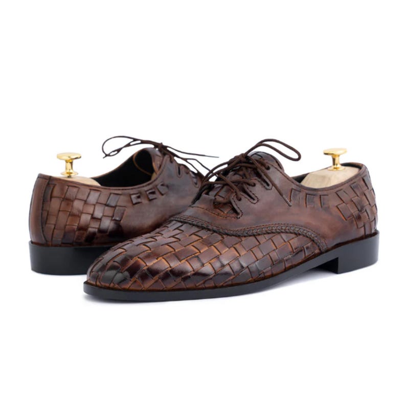 Handmade Woven Leather Oxford Dress Shoes, brown hand-dyed calfskin, lace-up, formal wedding and office, soft leather lining